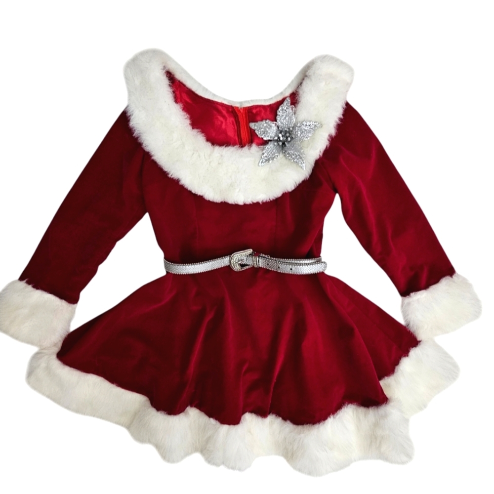 Vintage Rubies Christmas Ms Santa Clause Red Velvet Off Shoulder White Fur Dress